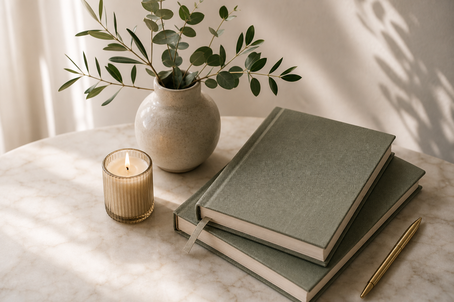 Journal, candle and olive branches on a sunlit table