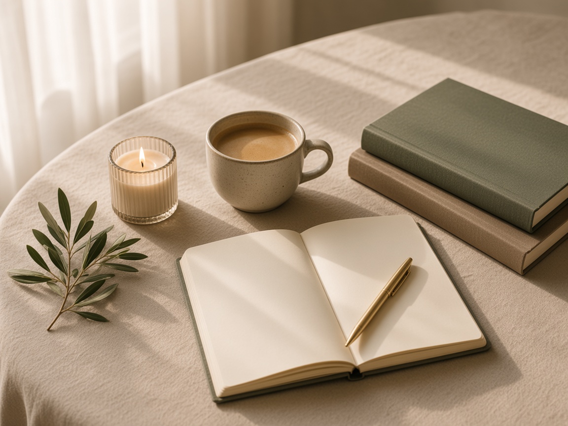 Journal, candle and coffee set out for a coaching conversation